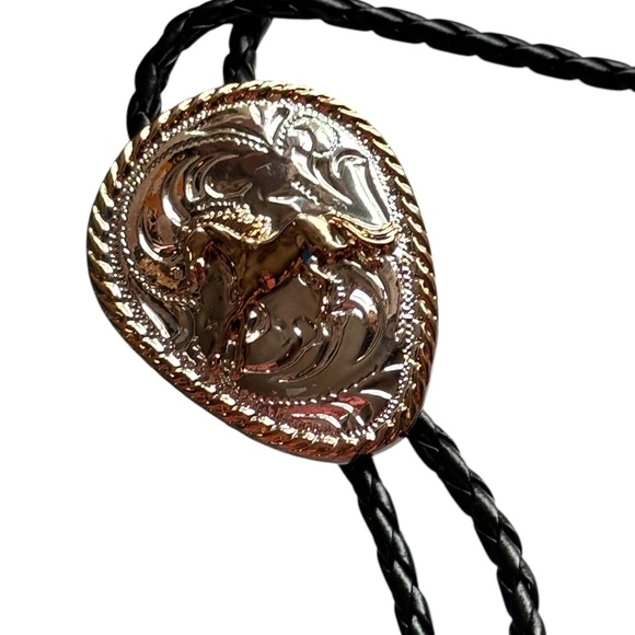 Vintage Western Style Bolo Tie with Silver and Gold Accents Galloping Horse - Picture 2 of 5